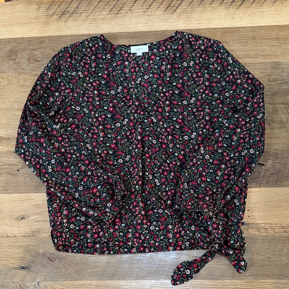 LOFT Women's Black Floral Blouse with Tie Detail